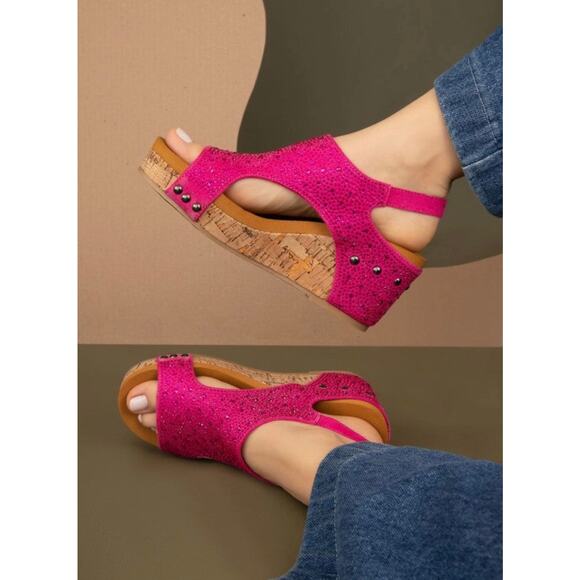 Makers Barbara Pink Crystal Wedge Sandals Size 7 | Rhinestone Cork Heels NWT Box - Picture 16 of 16